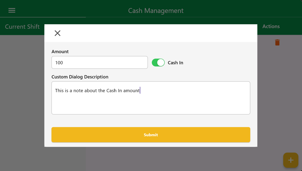 Cash in note popup
