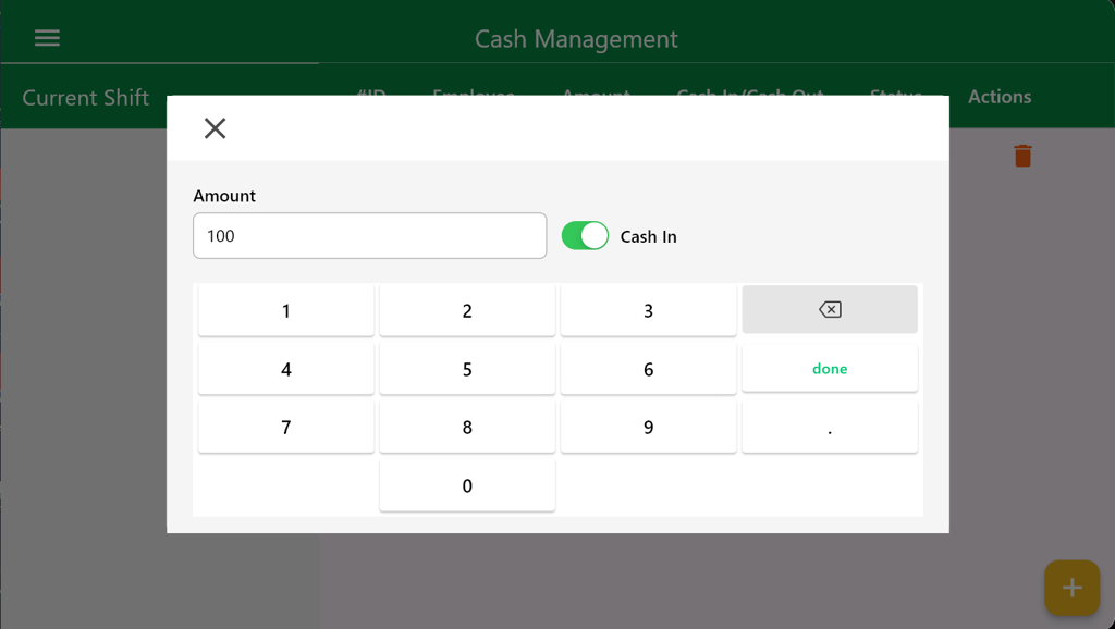Cash in amount popup
