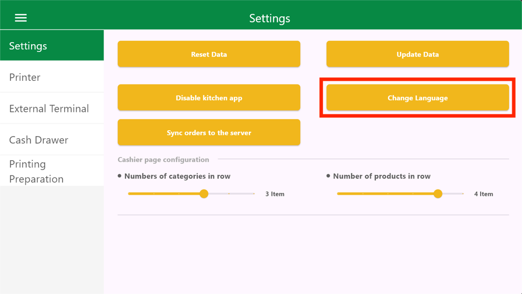 Change language action in settings