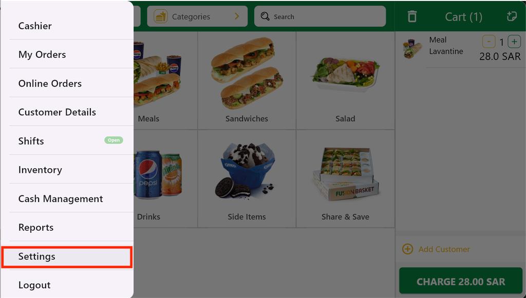 Navigate to settings from side menu