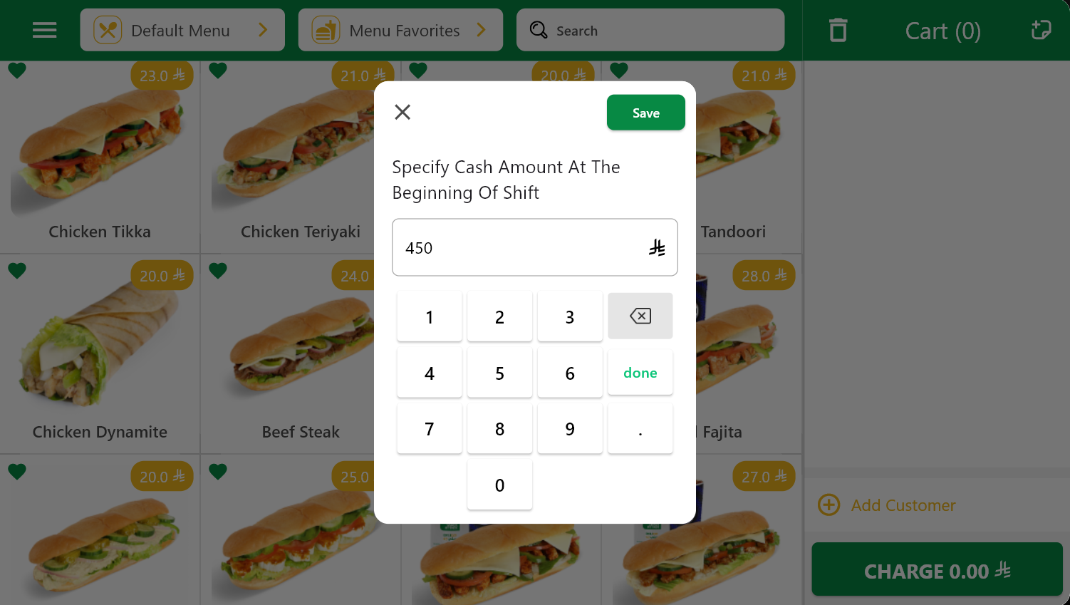 Opening a shift with starting cash