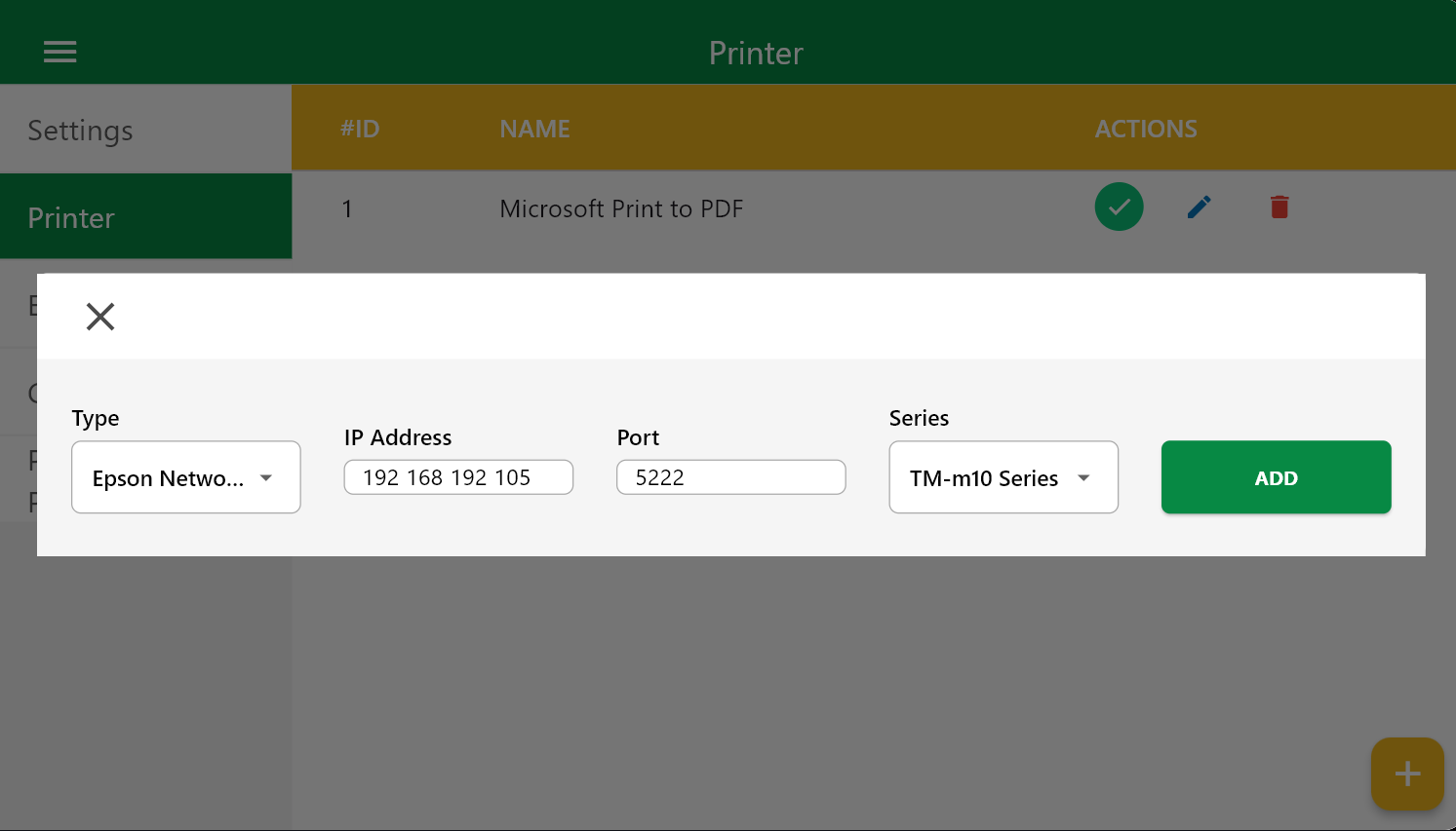 Printer settings screen