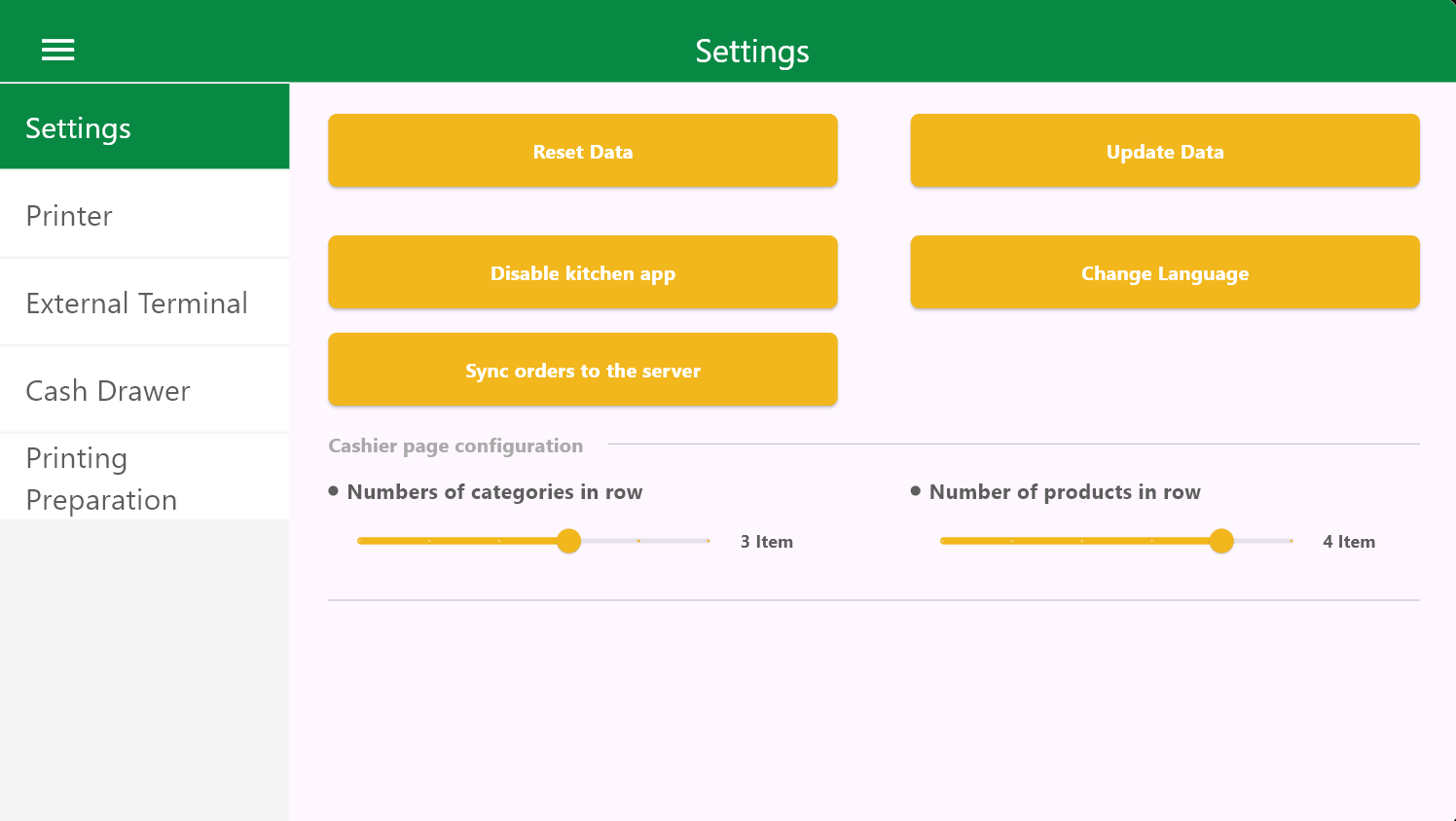General settings screen