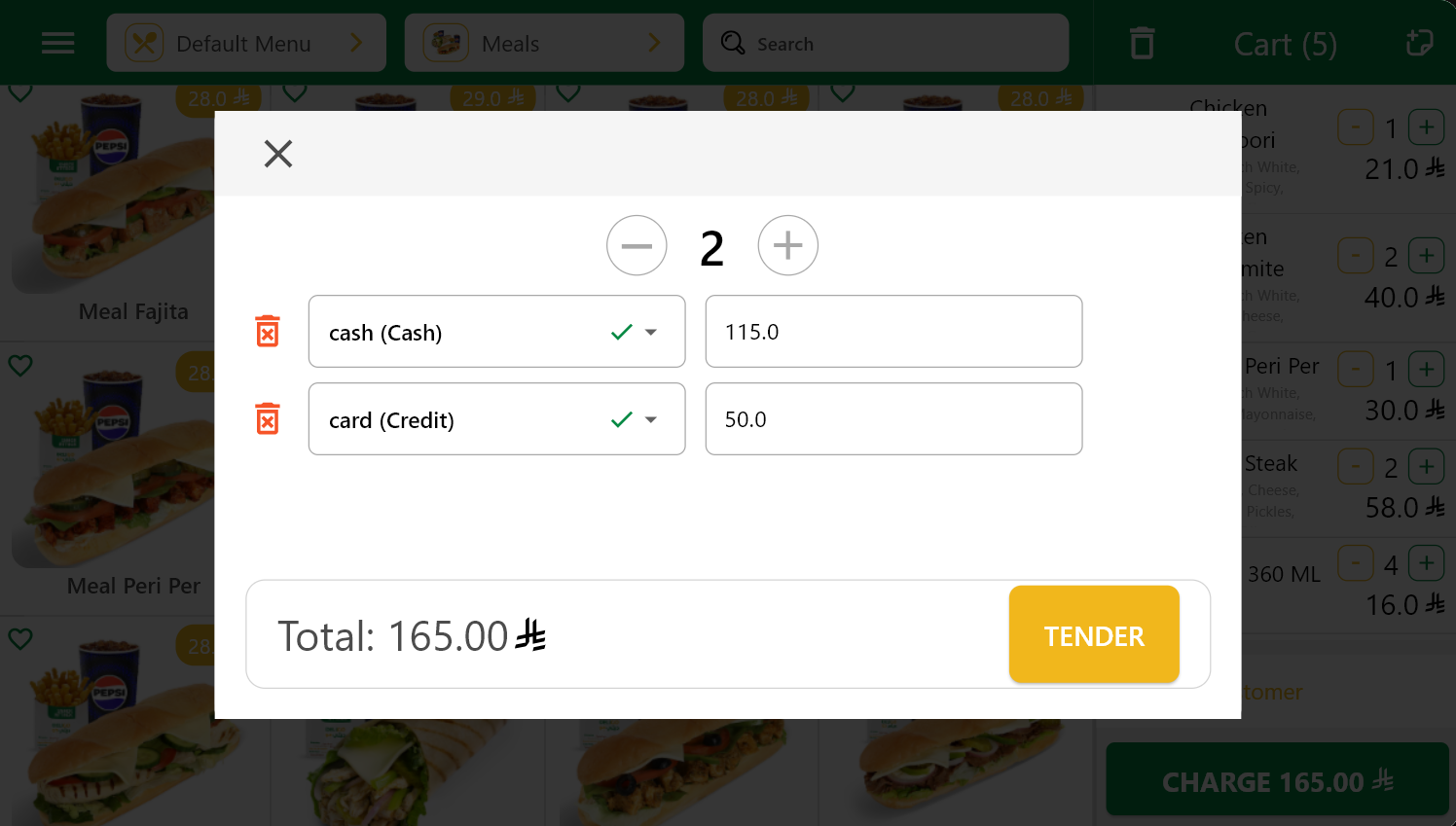 Split payment screen