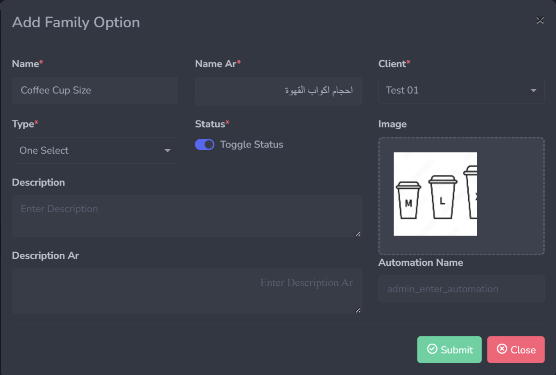 Add family option form