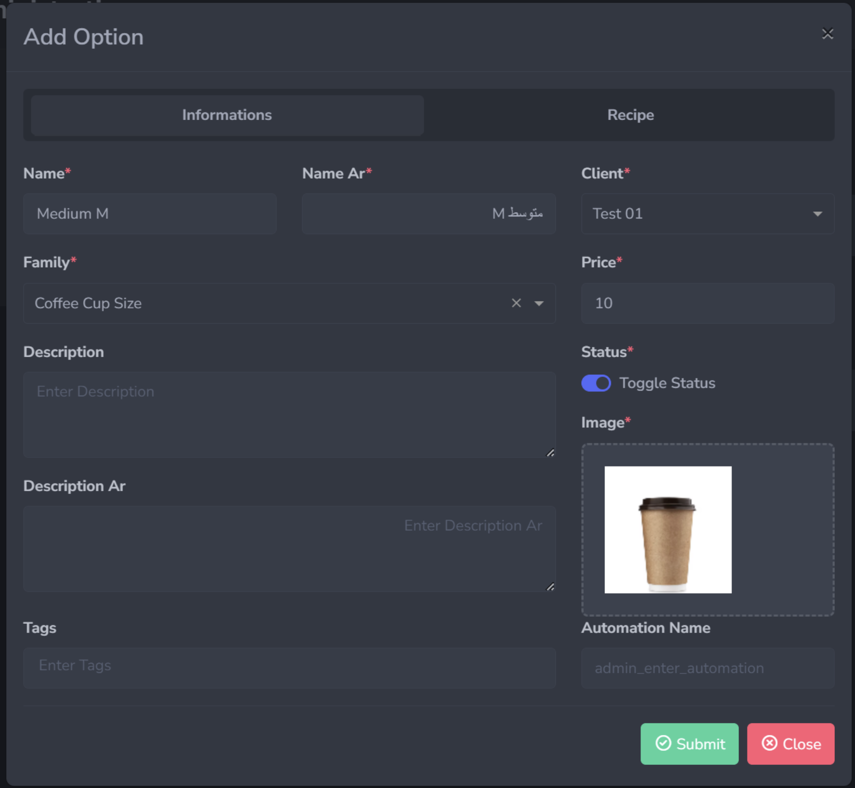 Add option form