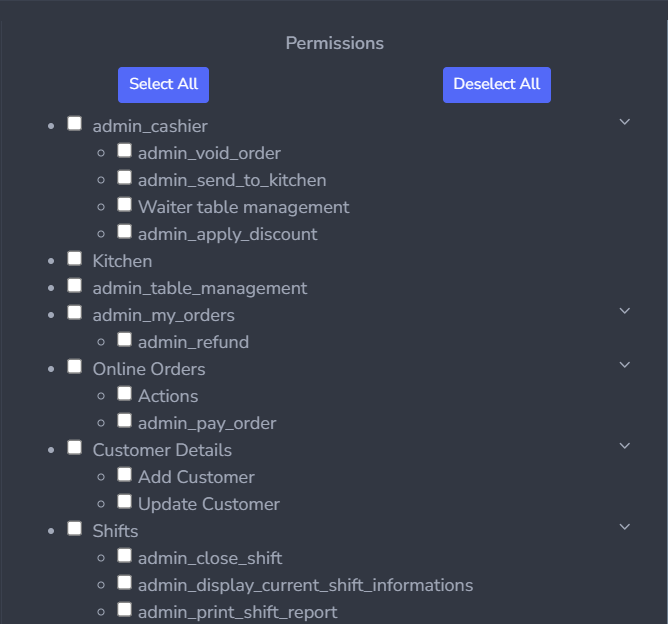 Employee permissions for cashier, kitchen, orders, customers, and shifts