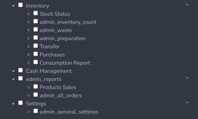 Employee permissions for inventory, cash, reports, and settings