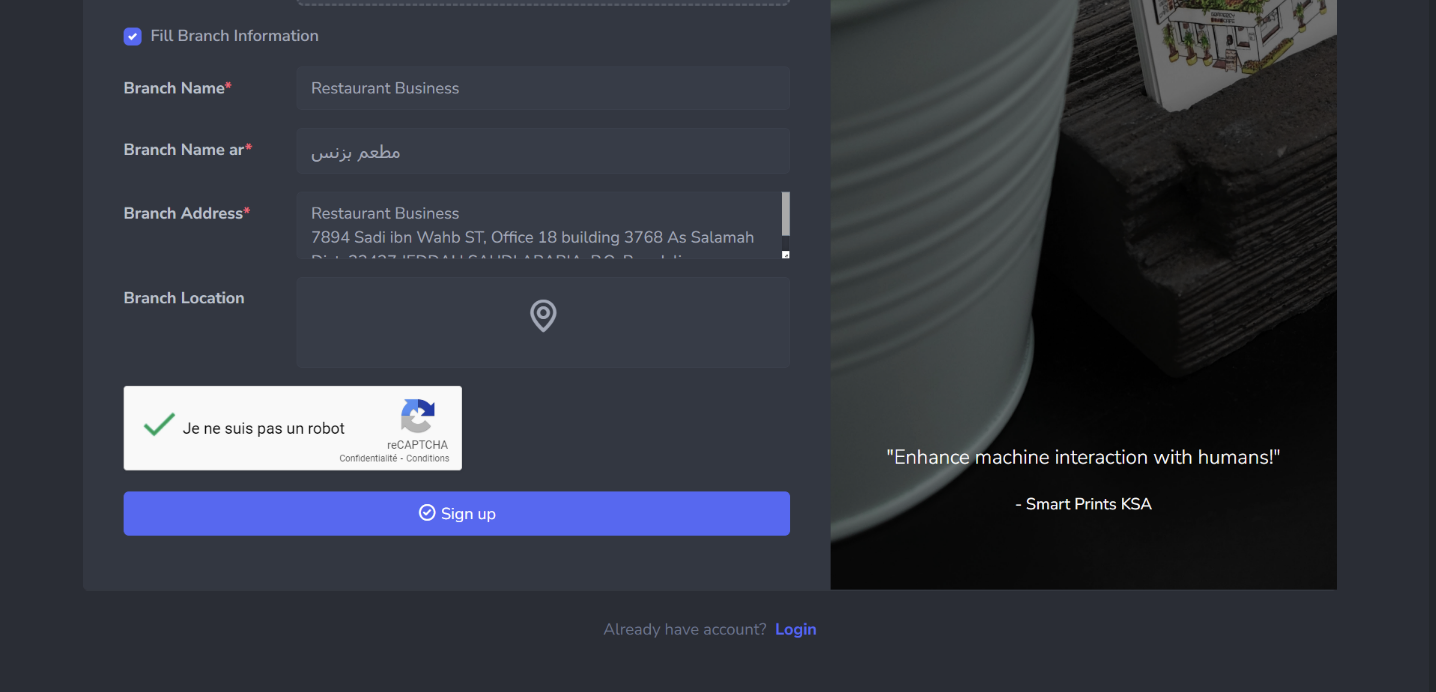 Verify branch details before signup