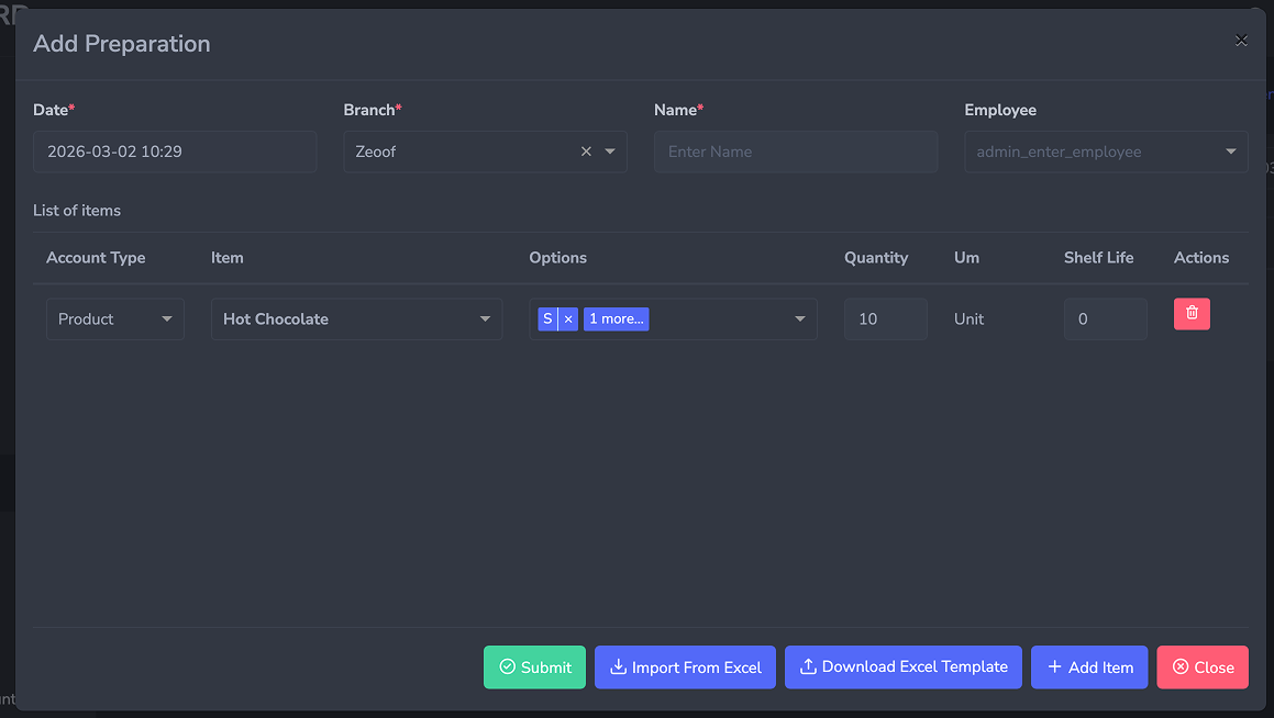 Add Preparation form