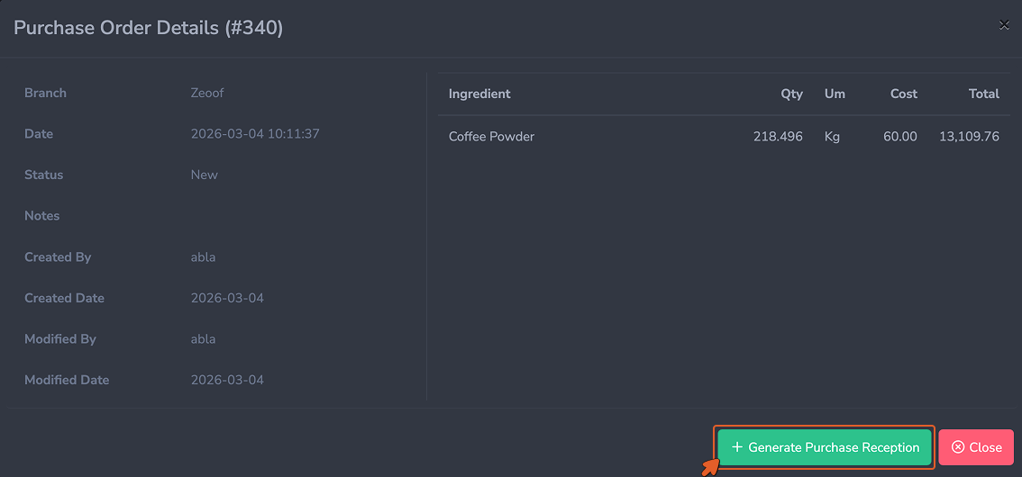 Generate Purchase Reception button