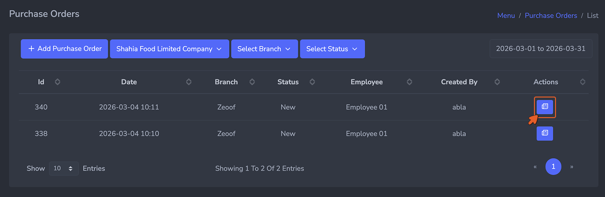 View icon on purchase order