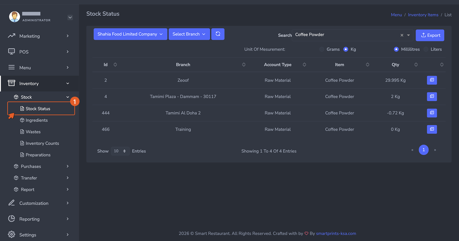 Stock Status view