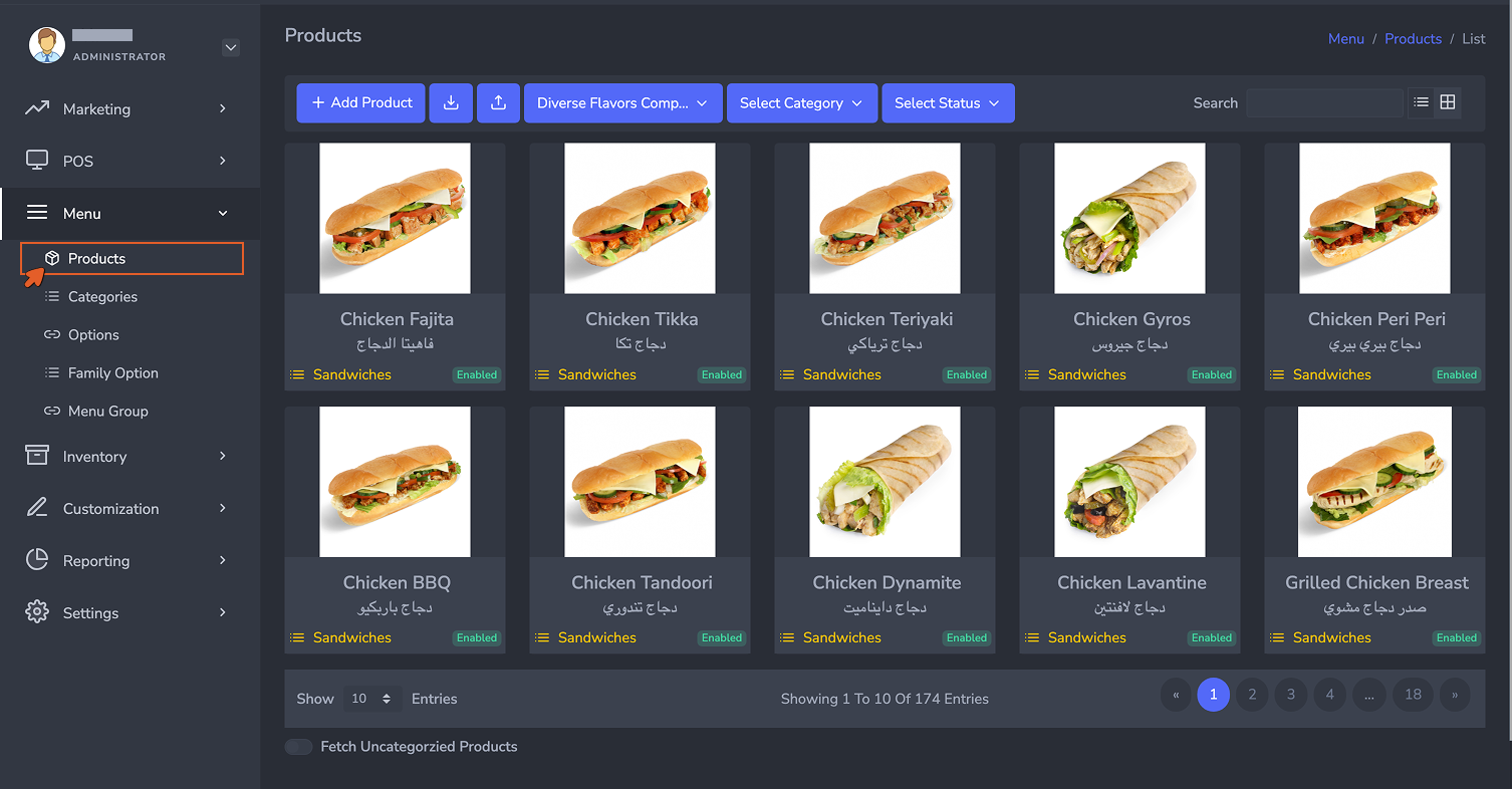 Products list view