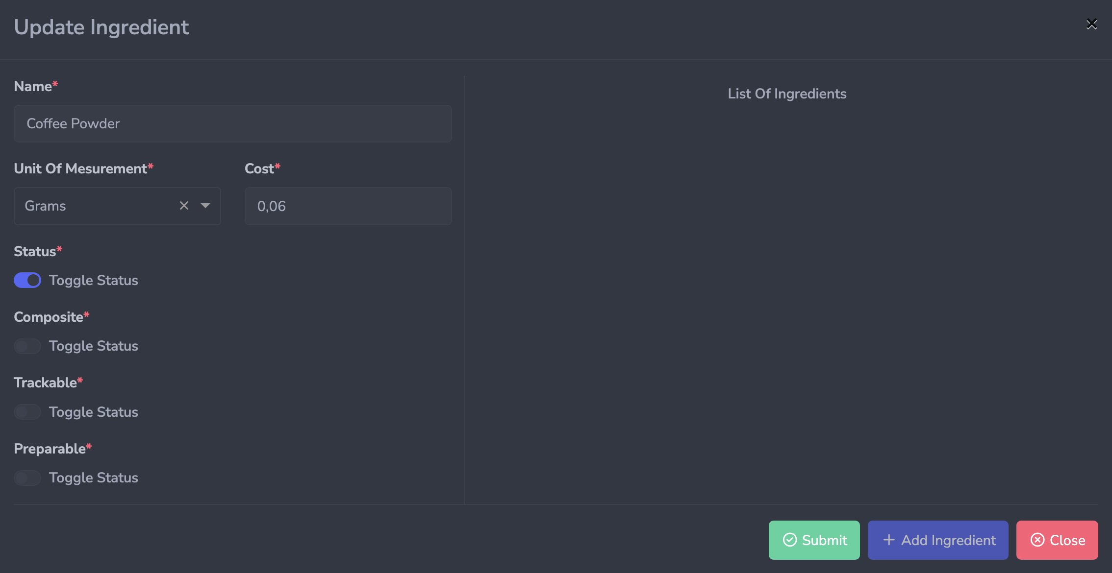 Add Ingredient form