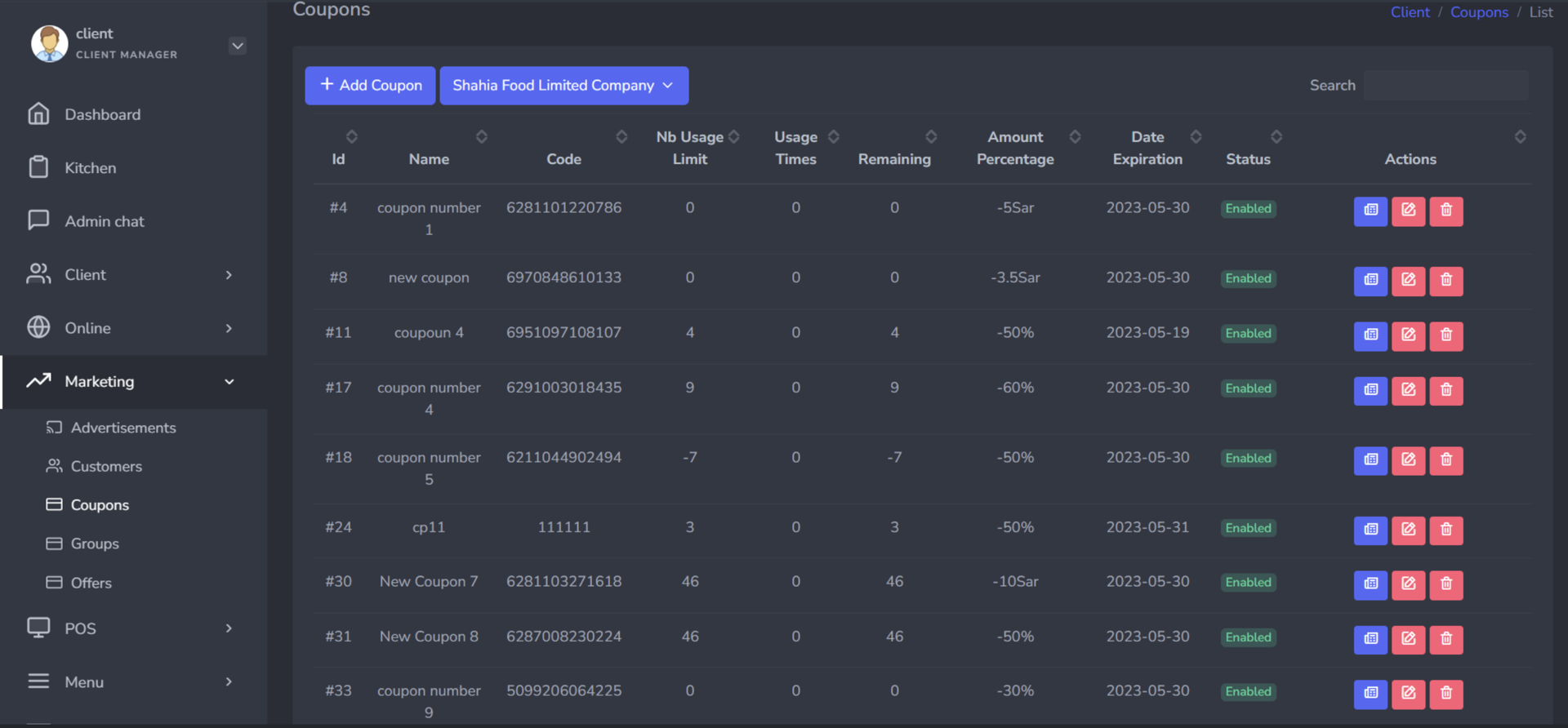 Online orders with customer filters