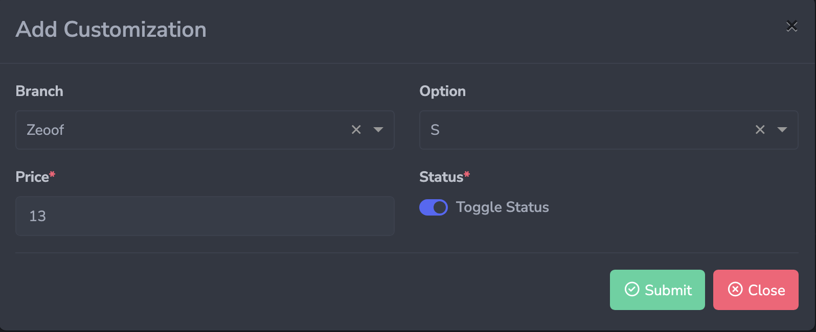 Add option customization form