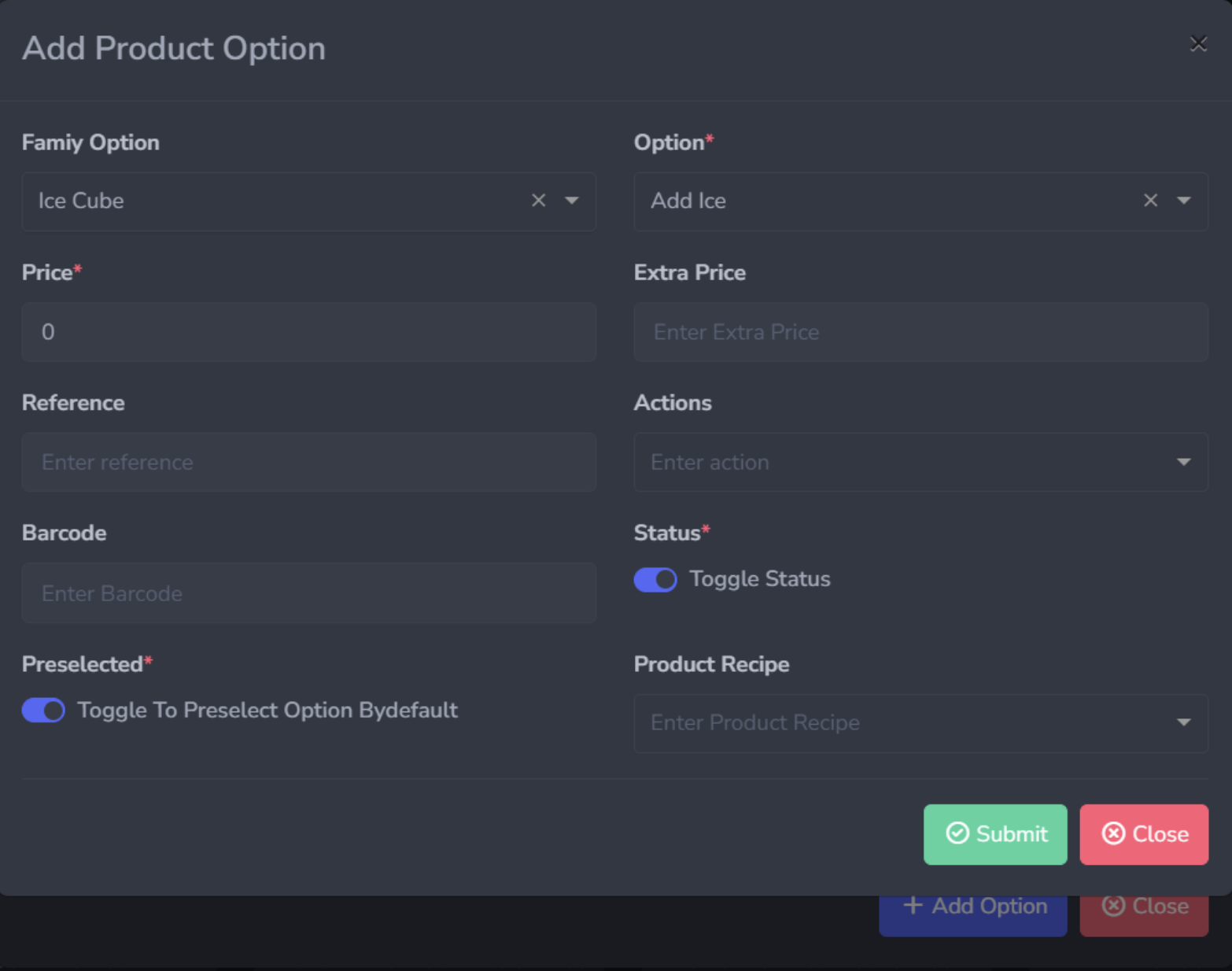 Add product option form