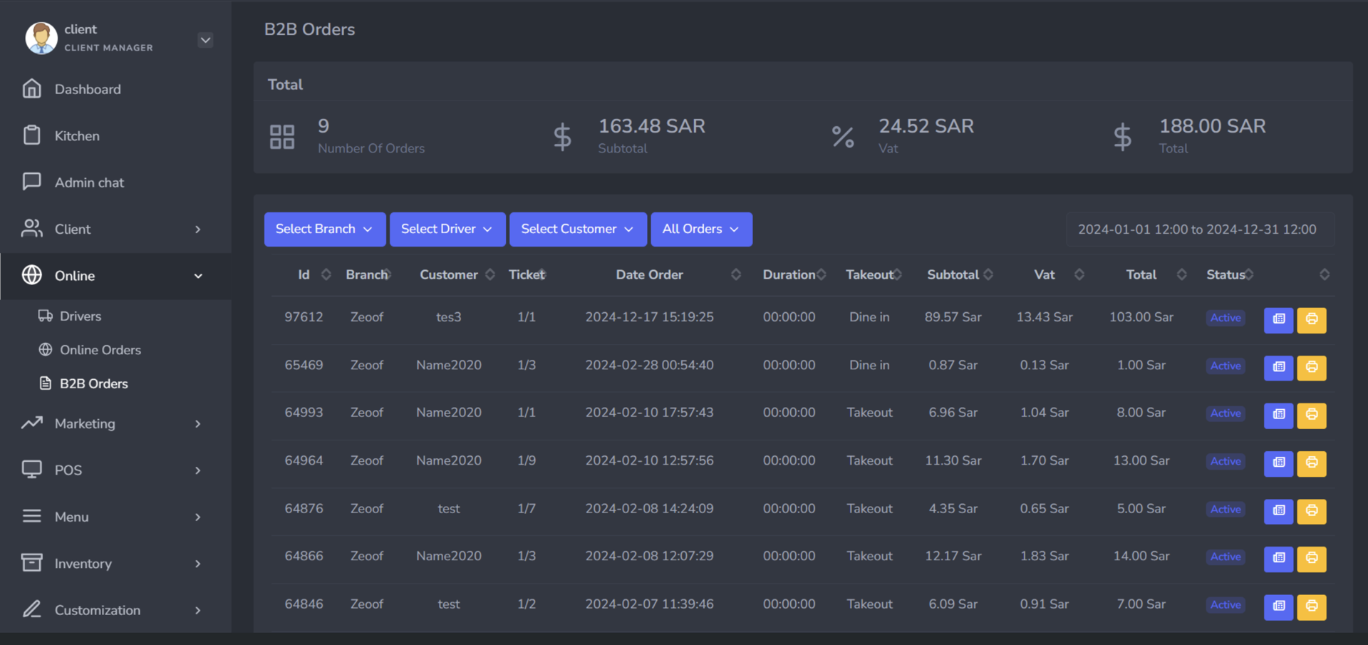 B2B orders page