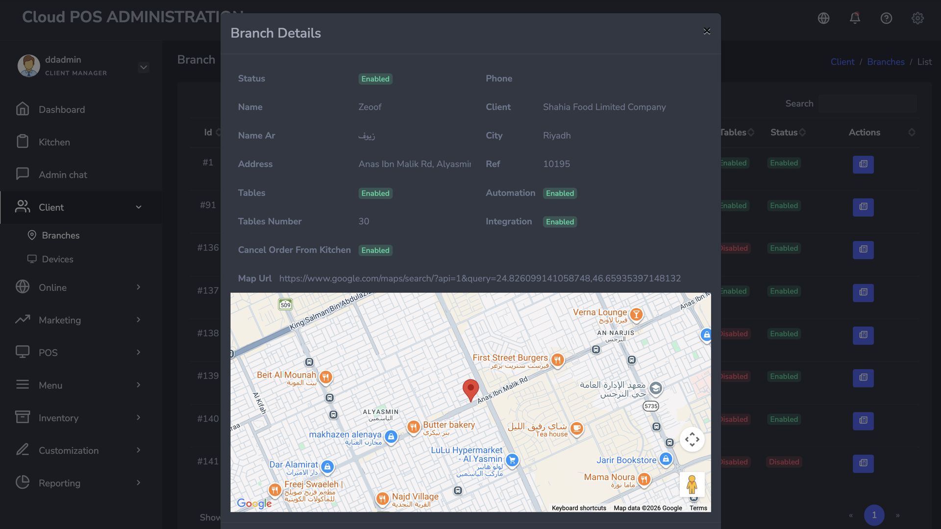 Branch details popup