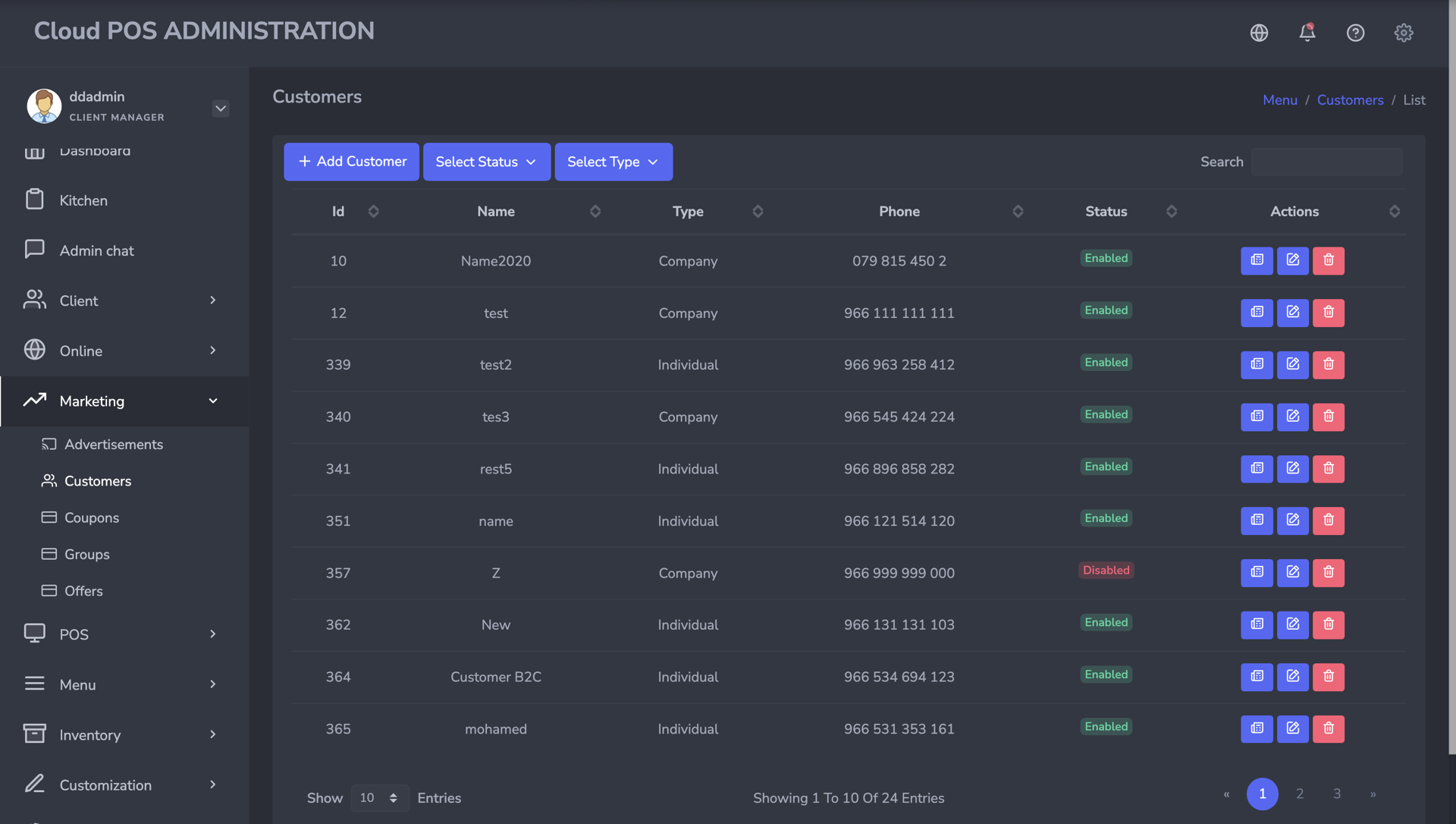 Customers list