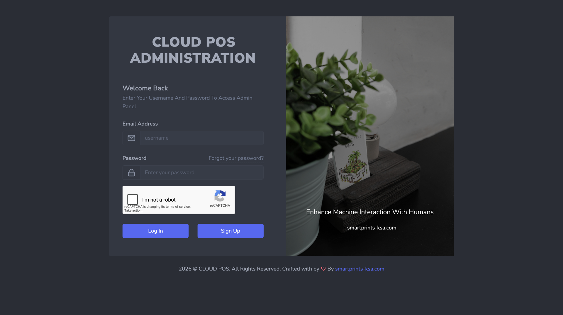 Cloud administration login screen