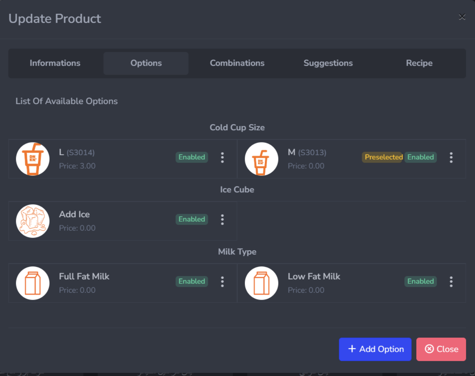 Product option list