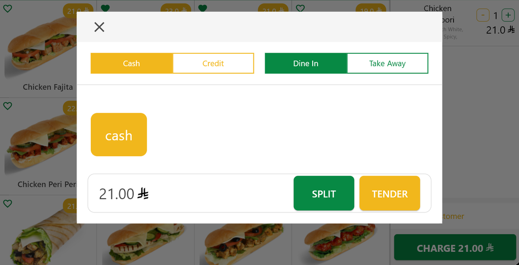 e.g choose cash payment and Dine In order