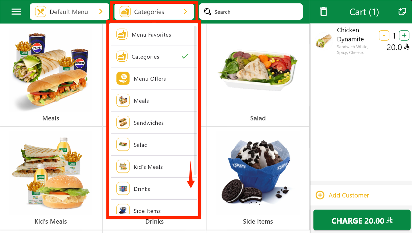 Scroll through categories via drop-down